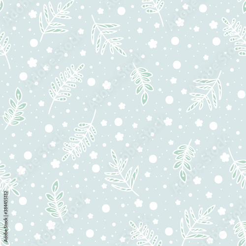 Pastel doodle seamless pattern of hand drawn branch with cute leaves background design