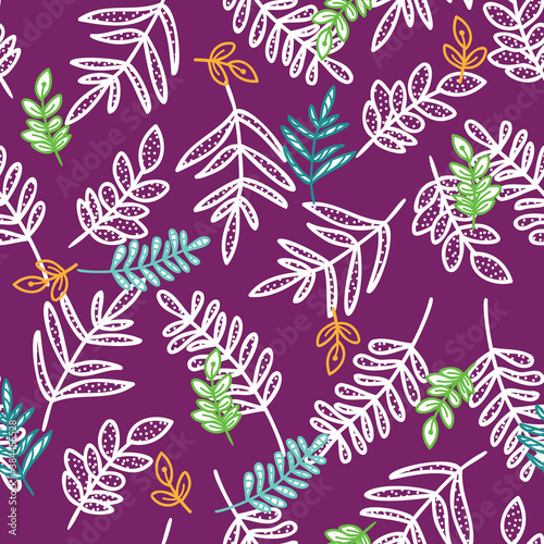 Doodle branch with leaves seamless pattern of hand drawn purple background design