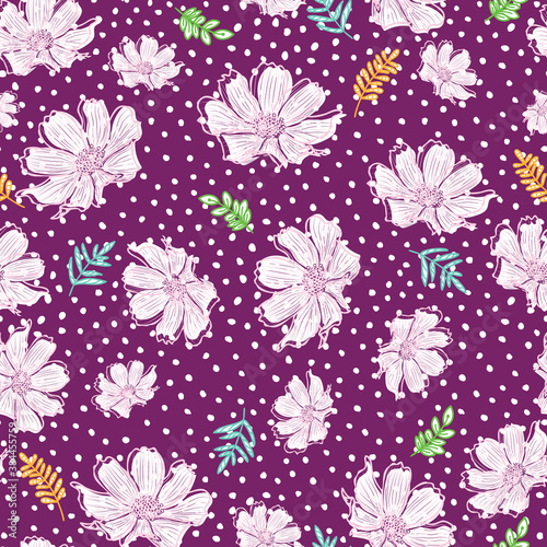 Doodle flower, branch, leaves seamless pattern of hand drawn dotted purple background design