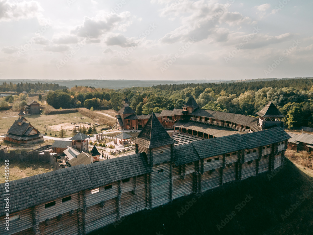 Aerial view of a medieval wooden fortress