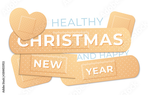 Healthy Christmas and happy new year. Medical holiday concept banner with adhesive tape plasters vector illustration