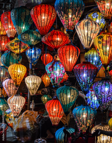 Lanterns in a marketplace at night