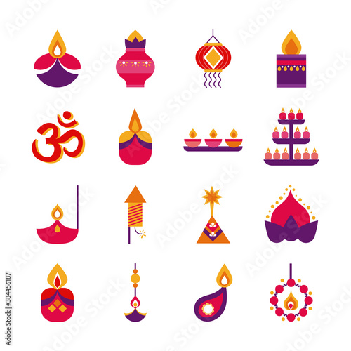 bundle of sixteen diwali set flat style