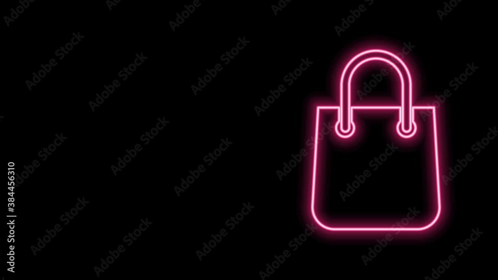 Glowing neon line Shopping bag icon isolated on black background. Package sign. 4K Video motion graphic animation Glowing neon line Shopping bag icon isolated on black background. Package sign. 4K Video motion graphic animation