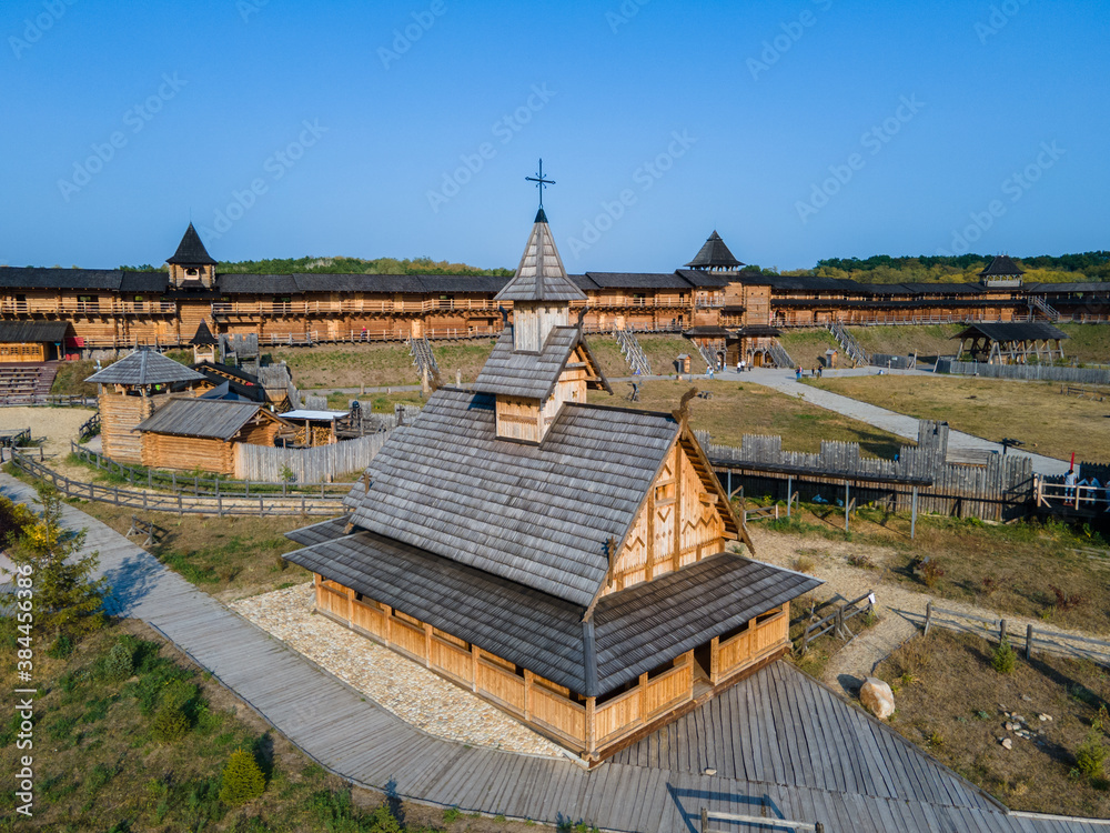 Aerial view of the old wooden medieval Christian church