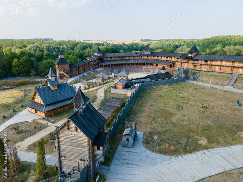 Aerial view of a medieval wooden fortress photo