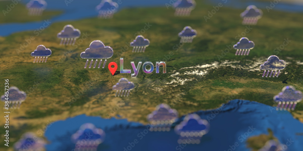 Lyon city and rainy weather icon on the map, weather forecast related 3D rendering Lyon city and rainy weather icon on the map, weather forecast related 3D rendering