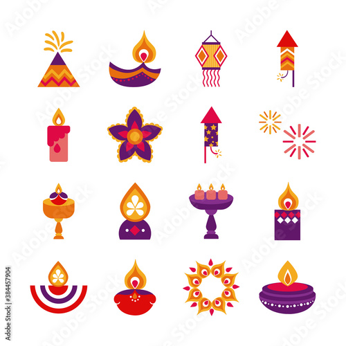 bundle of sixteen diwali set flat style icons