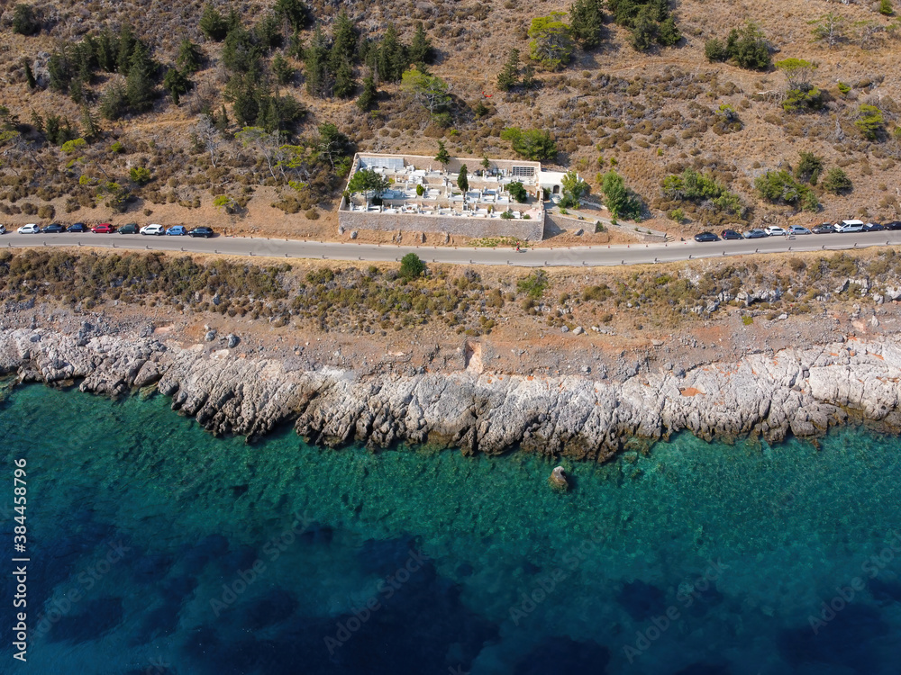 Aerial panoramic view of Monemvasia historical cemetery in Greece