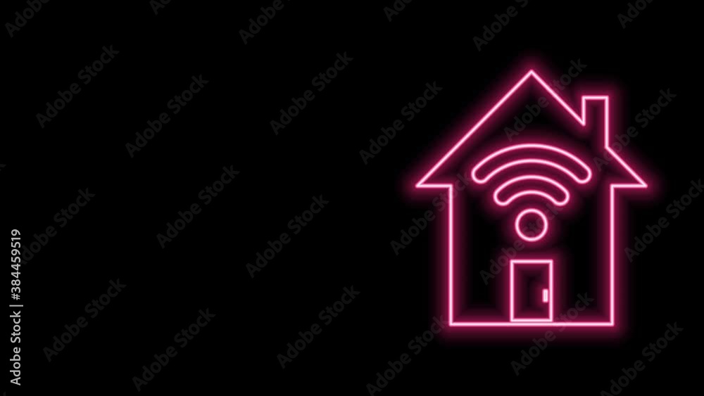 Glowing neon line Smart home with wi-fi icon isolated on black background. Remote control. 4K Video motion graphic animation