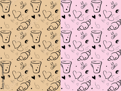 LOVE coffee seamless pattern. Hand drawn sketch style illustration of coffee cup, hearts, brioche, italian lettering Ti amo