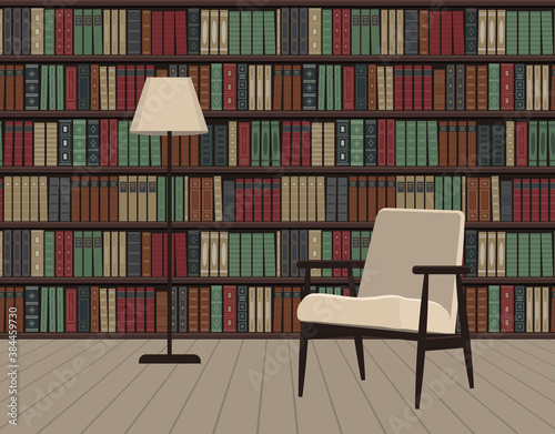 Library interior. There is a white armchair and floor lamp on a bookshelves background. Old books on the shelves. Vector flat illustration