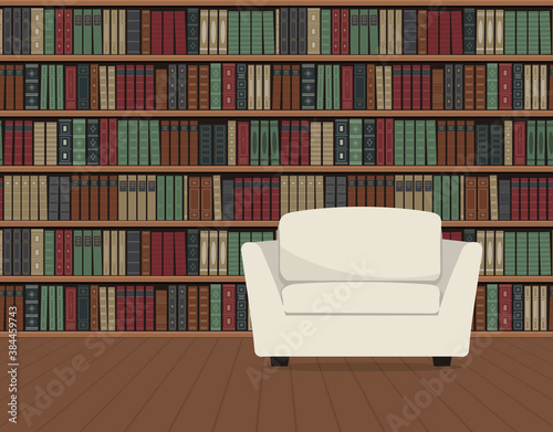 Library interior. There is a white armchair on a bookshelves background. Old books on the shelves. Vector flat illustration.