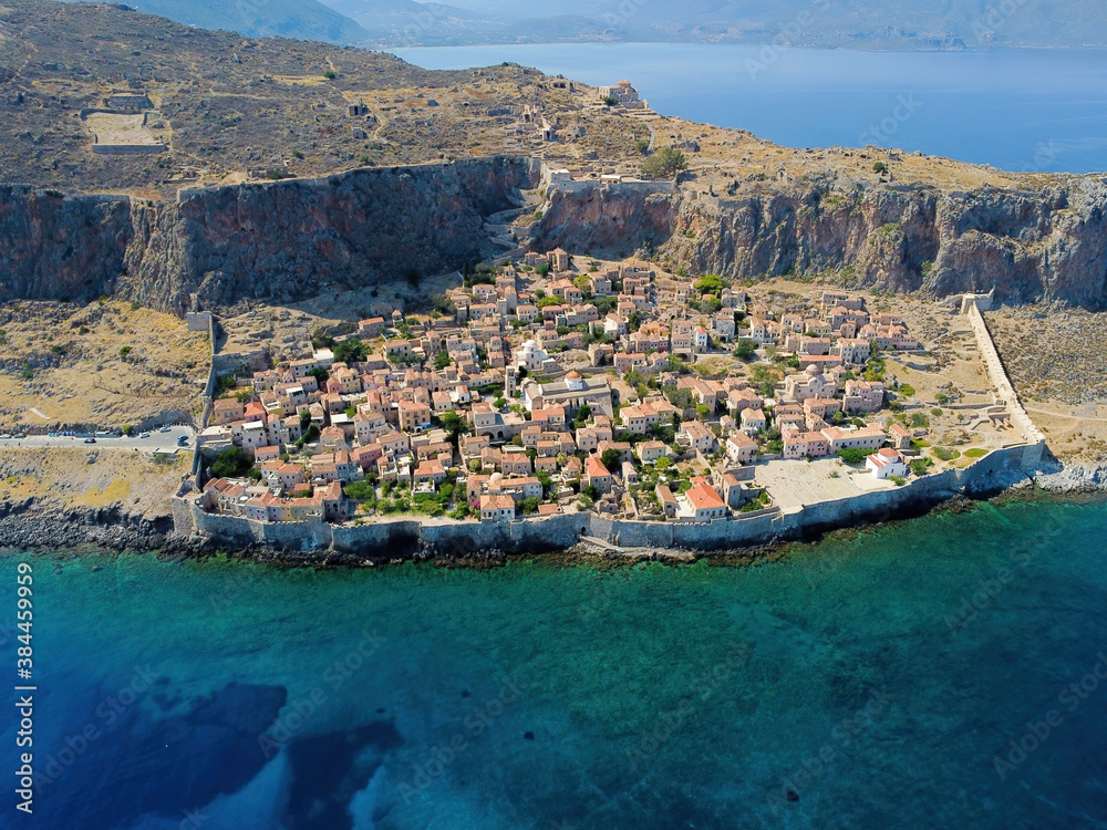 Aerial panoramic view of Monemvasia fortified town in Greece