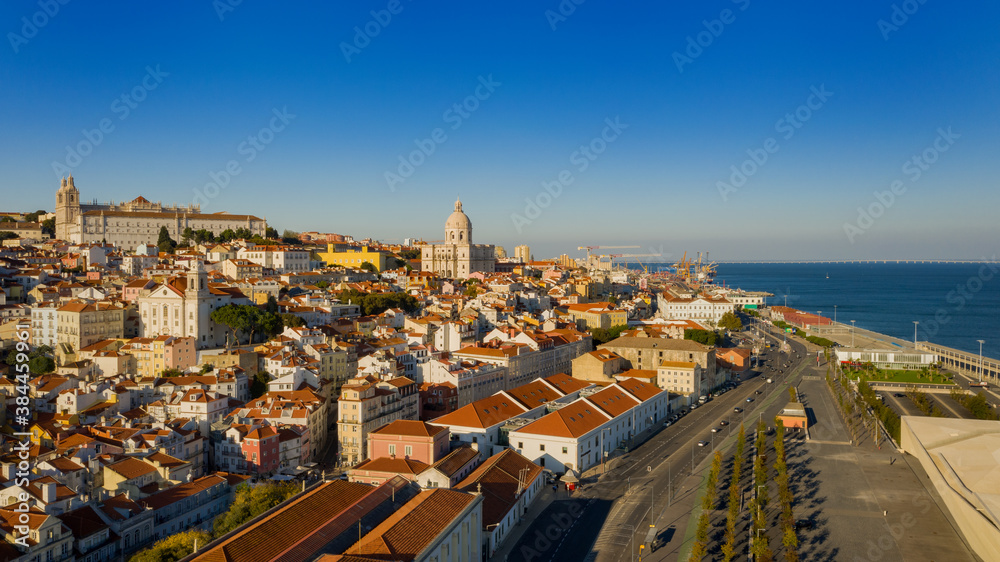 Aerial view of Lisbon city and Avenida Infante Dom Henrique road near Tagus river