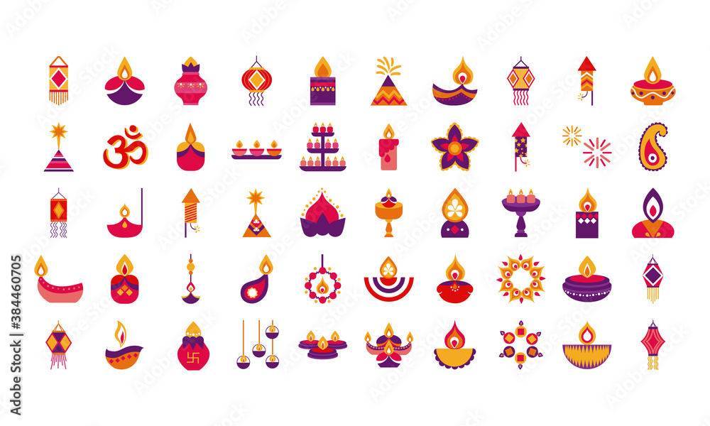 bundle of fifty diwali set flat style icons
