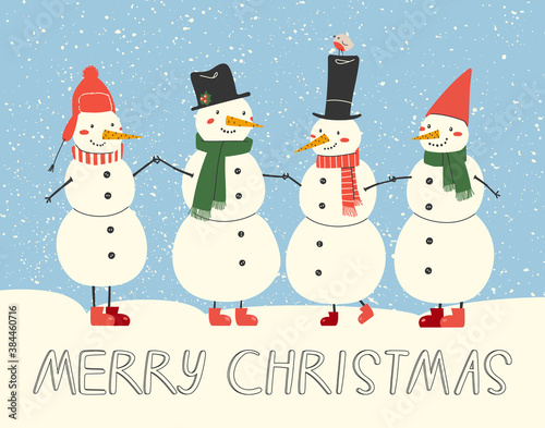 Vector illustration of colorful christmas snowmen and little bird for greeting card design. Hand drawn illustration in doodle style. For web greeting card and another print design.