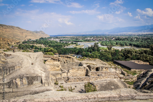 Looking out over the Mtkvari River from prehistoric Uplistsikhe cave town built on the cliffs near Gori Georgia.