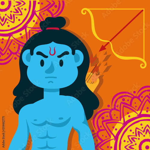 happy dussehra celebration with lord rama blue character in orange background