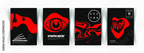 Red wine poster. Creative wine covers - liquid design. Bottle and wine glass. Black and red colors. 