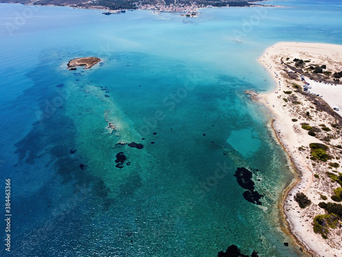 Aerial panoramic view of Pavlopetri islet near Pounda exotic beach in Lakonia