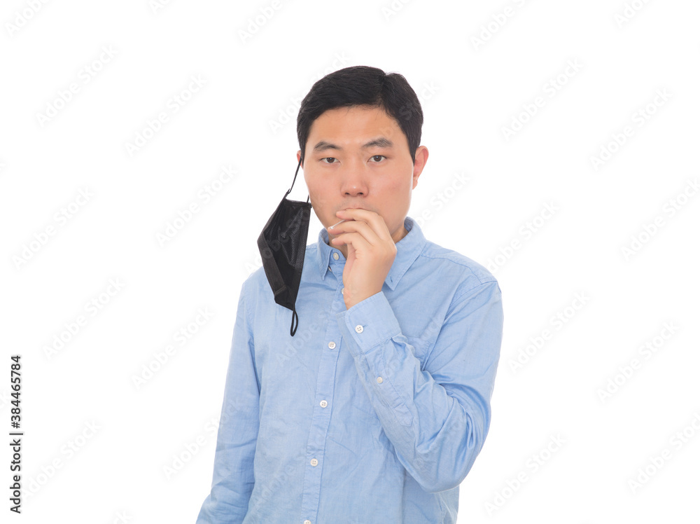The man is taking his temperature through his mouth The man is taking his temperature through his mouth