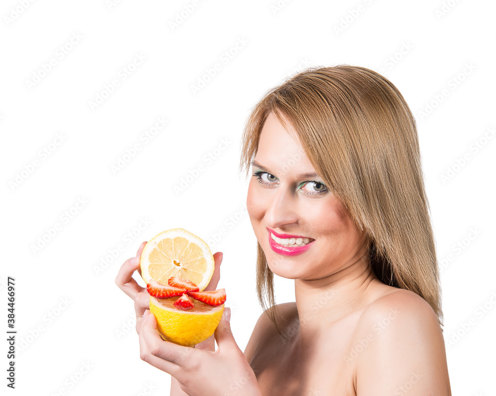 woman portrait with fresh lemon and strawberry. woman portrait with fresh lemon and strawberry.