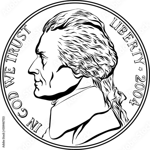 Jefferson nickel, American money, United States five-cent coin with Jefferson, third President of USA on obverse. Black and white image