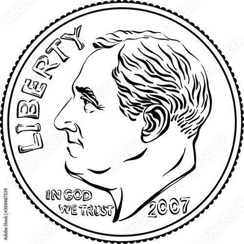 American money Roosevelt dime, United States one dime or 10-cent silver coin with President Franklin D Roosevelt on obverse. Black and white image