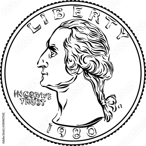 American money, United States Washington quarter dollar or 25-cent Gold coin, first United States president Washington on obverse. Black and white image