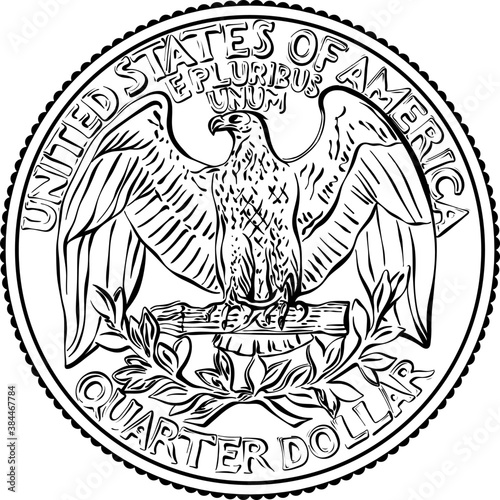 American money, United States Washington quarter dollar or 25-cent silver coin, the national bird of USA Bald eagle on reverse. Black and white image