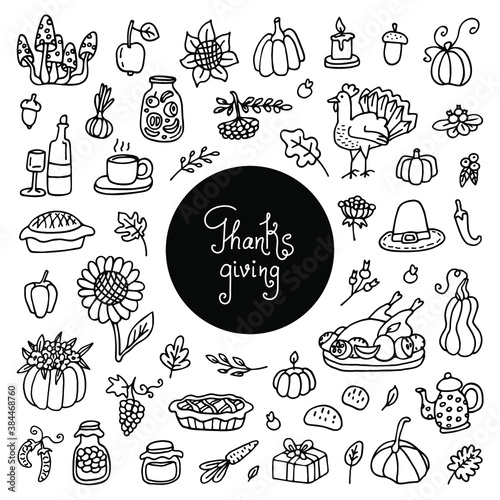Thanksgiving doodles set. Traditional symbols sketch collection,food,drinks,turkey, pumpkin,corn,wine,wheet,vegetables.hand drawn Doodle set of objects.Let s celebrate Happy Thanksgiving doodles set. 