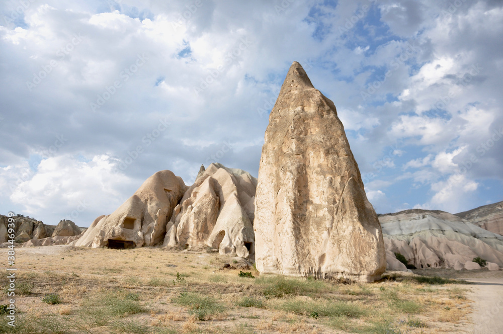 Landscape view of the surreal hoodoo terrain in Cappadocia, Turkey on a cloudy day