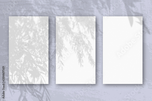 3 vertical sheets of textured white paper on soft blue table background. Mockup overlay with the plant shadows. Natural light casts shadows from an exotic plant. Horizontal orientation