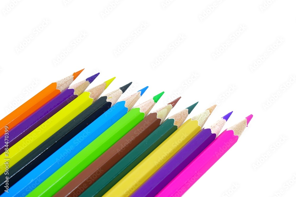 Color pencils isolated on white background. Back to school concept. Coloring tools of school. 