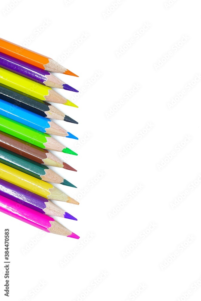 Color pencils isolated on white background. Back to school concept. Coloring tools of school. Color pencils isolated on white background. Back to school concept. Coloring tools of school.