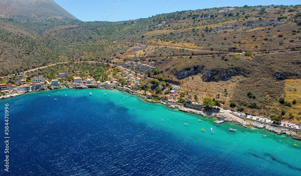 Aerial view of Limeni fish village in Mani, Greece