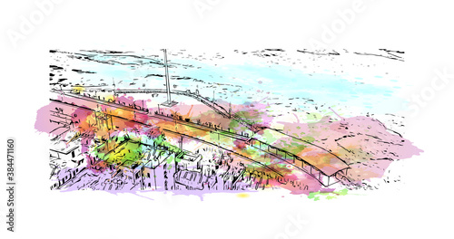 Building view with landmark of Bilaspur is a city in the central Indian state of Chhattisgarh. Watercolor splash with hand drawn sketch illustration in vector. 