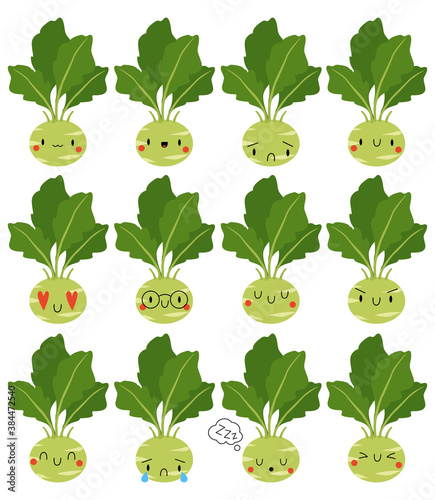 Set Kawaii Cartoon Cabbage Kohlrabi. 