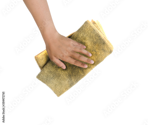 top view of hand with ััััyellow cleaning rag isolated on white background