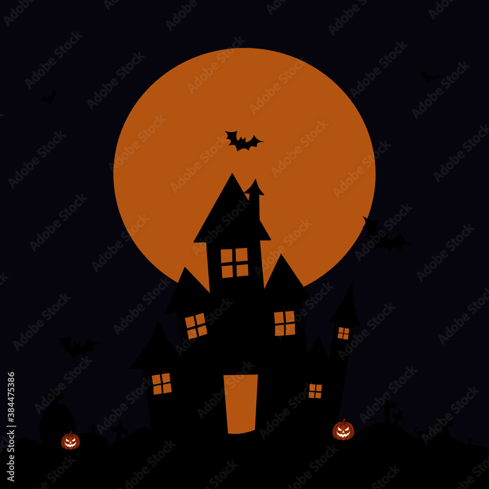 Hand drawn Happy Halloween banner or party invitation background with Full moon in the sky, grave, dark castle, Pumpkins and flying bats. 