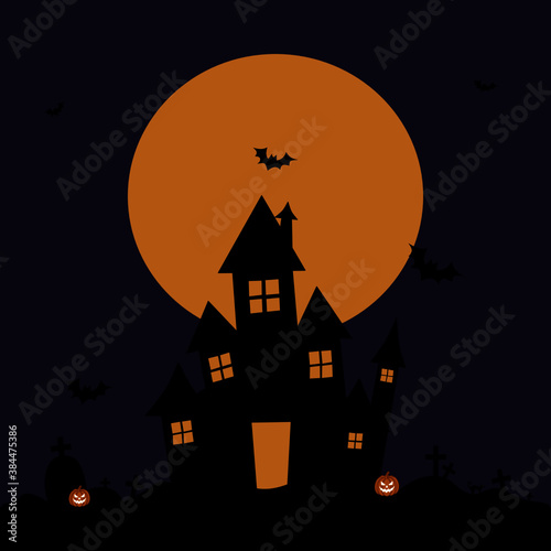 Hand drawn Happy Halloween banner or party invitation background with Full moon in the sky, grave, dark castle, Pumpkins and flying bats. 