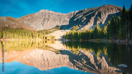 Sunset timelapse over a lake in the mountains of Colorado in Autumn. photo