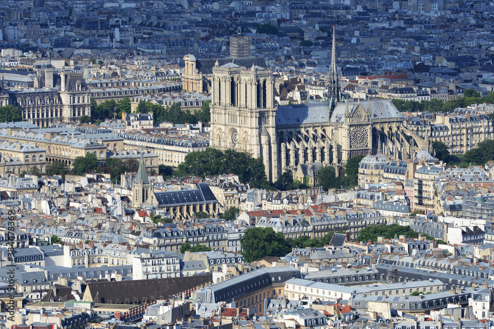 Panoramic view on Notre Dame Cathedral from Montparnasse Tower, Paris. France Panoramic view on Notre Dame Cathedral from Montparnasse Tower, Paris. France