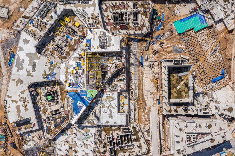 Fototapeta premium foundations for large commercial building. aerial top view of concrete slab floor