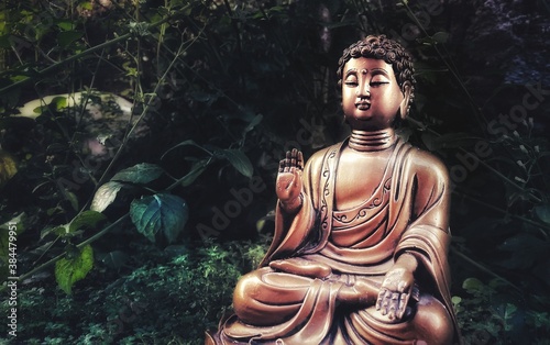 Canvas Print photograph of buddha statue in meditation in the forest