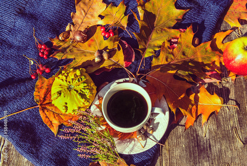 Autumnal maple and oak leaves, cup of black coffee, decorative pumpkin, rowan...