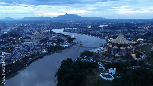 Kuching, Sarawak / Malaysia - October 10 2020: The iconic landmark building of Dewan Undangan Negeri (DUN) of Sarawak at Waterfront area of Kuching city photo