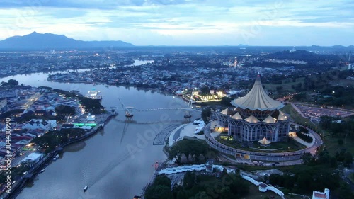 Kuching, Sarawak / Malaysia - October 10 2020: The iconic landmark building of Dewan Undangan Negeri (DUN) of Sarawak at Waterfront area of Kuching city photo