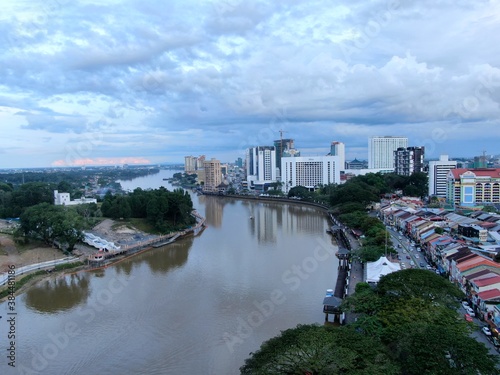 Kuching, Sarawak / Malaysia - October 10 2020: The iconic landmark building of Dewan Undangan Negeri (DUN) of Sarawak at Waterfront area of Kuching city